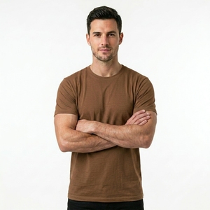 Camiseta de Algodón Marrón para Hombre, Cuello Redondo, Manga Corta, Corte Regular, Estilo Casual, Tejido Jersey, Color Sólido - Product Image 4