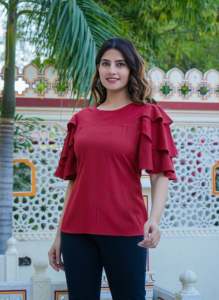 Conjunto de 2 Piezas para Mujer, Color Granate, Algodón, Estampado a Rayas, Corte Regular, Mangas con Capas, Diseño de Cuello, Estilo Formal y Casual - Product Image 3