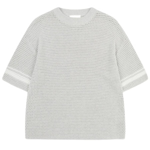 Camiseta de punto de ganchillo con rayas en contraste, gris, manga corta, tejido texturizado, informal de verano, transpirable, cuello redondo - Product Image 1