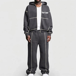 Conjunto Deportivo de Felpa Francesa de Algodón, Estilo Hip Hop, Color Sólido, Gris, Personalizado, a la Moda, con Corte Holgado y Acampanado - Product Image 1
