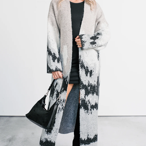 Cardigan long en tricot motif montagne abstraite Alpine Trail, coupe ample, devant ouvert, motif uni, hiver, laine/cachemire - Product Image 1