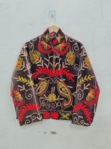 Women's Knitted Bomber <b>Jacket</b> <b>Mandarin</b> <b>Collar</b> Floral Hand Embroidery Full Sleeve Autumn Style Breathable 100% Cotton - Product Image 4