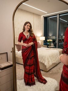 Soft Chiffon <b>Silk</b> Saree with Sequence Embroidery Border & Stitched Mono <b>Silk</b> Blouse Classic Embroidery Saree Graceful Party Wear - Product Image 5