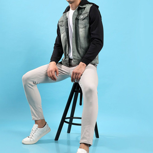 <b>Men's</b> Denim <b>Jacket</b> Hooded Casual Button Up Slim Fit Washed Jean Coat Autumn Outwear Black Sleeve Design - Product Image 2