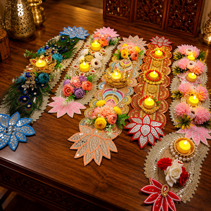 Juego de mantel de lujo para velas de Diwali con cuentas florales de loto y espejo para decoración de bodas, hogar y festivales. - Product Image 1