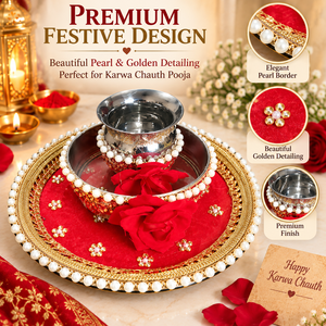 Juego de Thali para Karwa Chauth, 3 Piezas, Thali Decorativo para Pooja con Borde de Perlas, Detalles Dorados y Diseño Festivo - Product Image 4