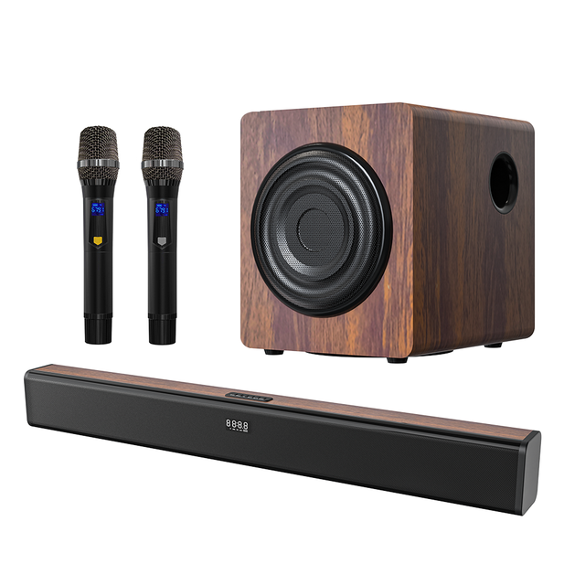 Home Theater Karaoke Soundbar System with Subwoofer 2 Wireless Microphones 2.1 Channels 1" Woofer 8 Speakers Wooden 70W