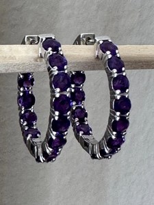 Pendientes de Aro de Amatista en Plata de Ley, Aros con Piedras Preciosas en el Interior y Exterior, 25 mm, Joyería Fina de Moda para Mujer - Product Image 4