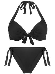 Two-Piece Spandex Polyester Bikini Set Women's Sexy Underwire Solid Colour Summer Swimsuit V Neck <b>Bathing</b> Suit Beach Wear - Product Image 2