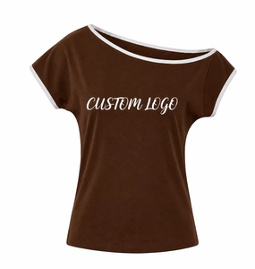 T-shirt décontracté pour femme à épaules dénudées, manches courtes, couleur unie, personnalisable avec logo appliqué ou imprimé, 100 % coton tricoté, écologique - Product Image 1