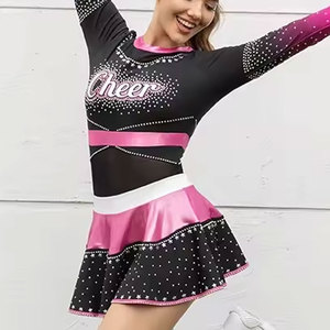 Uniforme de cheerleading Econex pour femmes adultes, noir et rose, ensemble jupe à manches longues, polyester, imprimé par transfert thermique, strass - Product Image 5