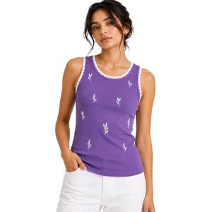 Camiseta sin mangas acanalada para mujer, color morado lavanda y blanco, bordada, informal, de verano, ajustada, de algodón elástico, ropa personalizada OEM - Product Image 1