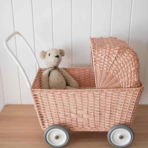 Handmade Kids Rattan Trolley Montessori Toy <b>Storage</b> <b>Cart</b> with Wheels Natural Woven Nursery Organizer for Children Playroom - Product Image 3