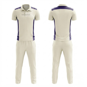 Tenue d'équipe de cricket personnalisée : Polo crème et violet, pantalon de jogging respirant, durable, écologique, léger en polyester, vêtements de sport - Product Image 1