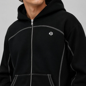 Ensembles de sweats à capuche et de joggers en molleton de coton surdimensionnés à fermeture éclair intégrale, avec surpiqûres contrastées, style streetwear, personnalisables en usine, pour hommes, vente en gros - Product Image 2