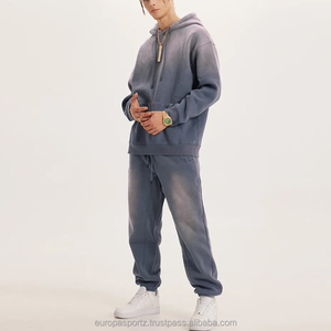 Ensemble de survêtement personnalisé épais avec broderie vieillie, rayures délavées par le soleil, sweat à capuche zippé et pantalon de survêtement évasé délavé à l'acide - Product Image 4