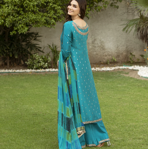 Elegant Teal 100% Silk Embroidered Long <b>Sleeve</b> Midi Dress with Beading and Jewel Neck for Formal/Casual Party Wear Anti-Wrinkle - Product Image 5