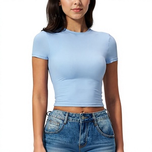 Women's Light Blue <b>Crop</b> <b>Top</b> Short Sleeve Crew Neck Slim Fit Knitted Spandex Cotton Casual Spring Summer Solid Color - Product Image 2