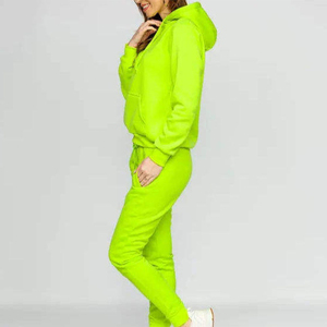 Sudadera con capucha de forro polar verde neón personalizada para mujer, con bolsillo canguro y pantalones jogger con puños, proveedor mayorista - Product Image 3