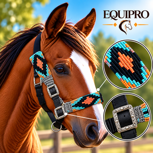 Cabestro de nailon occidental para caballo con narigueña y corona ajustables con cuentas turquesa y naranja - Product Image 3