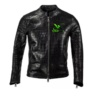 Blouson moto homme hiver marron en toile véritable gaufrée façon croco, col montant, tissu respirant, doublure en peau de mouton, motif peau de serpent - Product Image 3