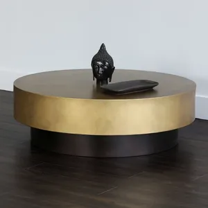 Round Brass Coffee Table with Black Base Minimalist Modern <b>Home</b> Decor for Living Room Indoor Use - Product Image 3