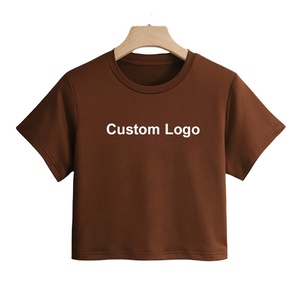 Camiseta recortada para mujer, Tops de algodón de verano, colores sólidos, ropa de mujer con cuello redondo en blanco, talla grande, precio al por mayor, logotipo personalizado - Product Image 1