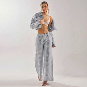 Ensemble 2 pièces en jean à sequins pour femme, coupe droite, pantalon large à imprimé géométrique avec veste, décontracté, automne, séchage rapide - Product Image 1