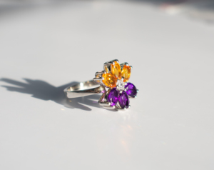 Natural Citrine and Amethyst Gemstone Marquise-Cut Floral <b>Solitaire</b> 925 <b>Silver</b> Cluster <b>Ring</b> - Product Image 2