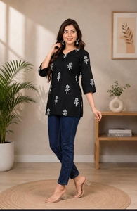 Women’s Black Printed <b>Short</b> Kurti | Elegant Floral Ethnic Wear <b>Top</b> | Casual Rayon Kurta <b>Tunic</b> | Stylish <b>Sleeve</b> Indian Kurti - Product Image 3