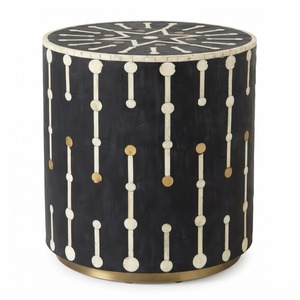 Indigo Blue Ikat Bone Inlay Coffee <b>Table</b> Modern Geometric Accent Stool Round <b>End</b> <b>Table</b> For <b>Living</b> <b>Room</b> Bedroom Home Decoration - Product Image 2