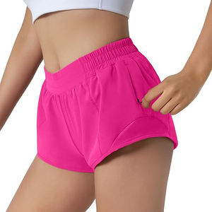 Shorts Deportivos de Cintura Alta para Mujer, Color Rosa Neón, de Poliéster, con Bolsillo Lateral con Cremallera, Cordón Ajustable Oculto, Transpirables, para Yoga - Product Image 2