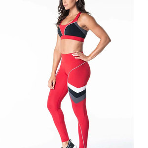 Red Color Blocking Yoga Set Racerback Sports Bra High Waist Full Length Leggings Two Piece Spandex Polyester Activewear - Product Image 3