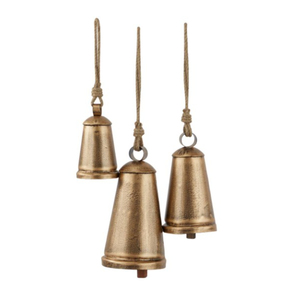 Campanas de vaca navideñas doradas con cuerda de yute para colgar, decoración de latón antiguo estilo shabby chic, campanas cónicas armoniosas para adornos festivos de granja. - Product Image 3