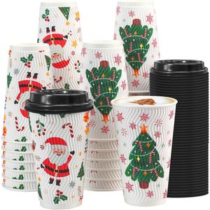 Bicchieri di Carta Ondulati Isolati per Caffè da 16 oz, Confezione da 50 con Coperchi, per Natale, con Coperchio a Cerniera H - Product Image 1