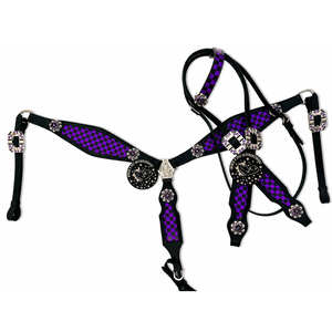 Ensemble de têtière et de collier de poitrail pour cheval Western en cuir noir, avec incrustation à carreaux violets et conchos en strass, confortable et durable - Product Image 1