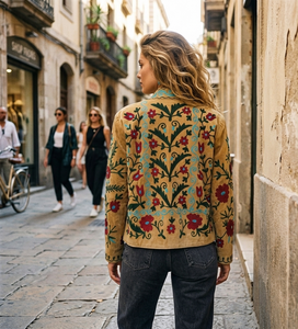 Abrigo Corto de Terciopelo Floral Bordado a Mano para Mujer, Estilo Boho, Cuello Mandarín, Manga Larga, Ropa de Abrigo de Algodón para Primavera, Otoño e Invierno - Product Image 4