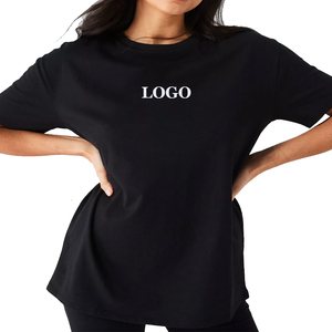 Camiseta de Cuello Redondo Holgada Negra para Mujer al por Mayor con Estampado de Logotipo Blanco, Top Casual de Manga Corta de Algodón Jersey para Todas las Estaciones - Product Image 1