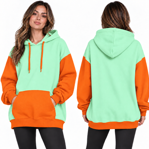 Women's Oversized Hooded Sweatshirt Color Blocked White Beige Fleece Breathable Eco-Friendly Pocket Design Long Sleeve Winter - Product Image 5