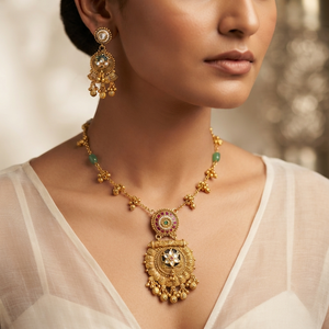 Ensemble collier et boucles d'oreilles pendantes en laiton plaqué or, finition antique traditionnelle, pour femme, anniversaire - Product Image 2