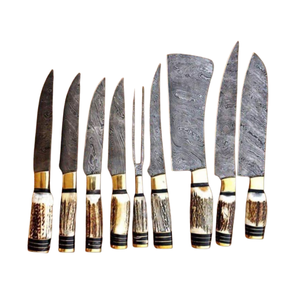 Custom Handmade 67-Layer Damascus Steel Chef <b>Knife</b> Nine-Piece <b>Set</b> Ambidextrous Stag Handles Polished Blade A&M ENTERPRISES - Product Image 1