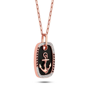 Collier chaîne avec pendentif ancre en or rose et émail noir, orné de diamants pour chien - Product Image 1