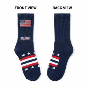 Premium 210 GSM Cotton Heavyweight Men's Crew Socks Navy Blue <b>Red</b> <b>White</b> Striped Panel Rubber Patch Custom Logo Quick Dry Digital - Product Image 1