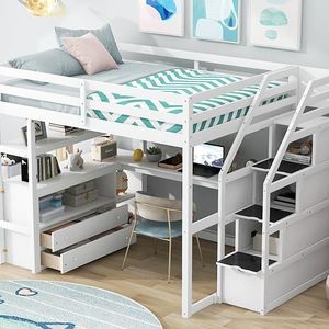 White Full Size Loft Bed with Desk and Shelves Two Built-in Drawers and Storage Staircase Kids' Furniture - Product Image 5