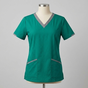 Women's V-Neck Scrub <b>Top</b> Green With Gray Accents Short Sleeve Two Front Pockets Hospital Uniform Wear - Product Image 2