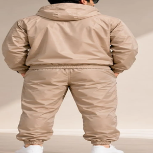 Ensemble de survêtement unisexe beige coupe-vent respirant en nylon, veste à capuche zippée et pantalon, couleur unie décontractée, manches longues, pour l'été - Product Image 6