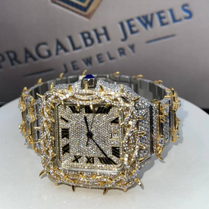 Montre de luxe bicolore entièrement sertie de moissanite, lunette à motif épines, boîtier carré, mouvement automatique, cadran romain, étanche - Product Image 3