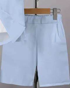 Men's Solid Color Short Sleeve Shirt Shorts Set Breathable Woven Casual Summer Wear Light Blue Drawstring Pants Outfit - Product Image 6