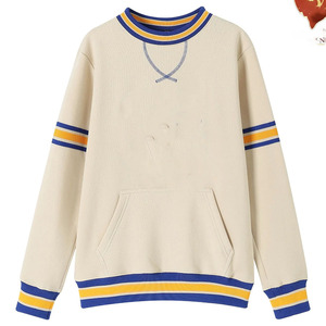 Sweat-shirt d'hiver à col rond en chenille neutre Omega pour sororité, avec poches kangourou et poignets côtelés à rayures dorées - Product Image 1
