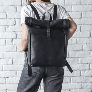 Modern Genuine Leather <b>Roll</b> <b>Top</b> <b>Backpack</b> Minimalist Design Waterproof Daypack For Business Trip Work College LRTB-0107B - Product Image 1